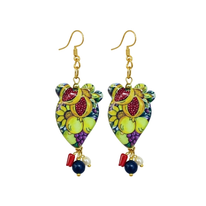 Cartoleria 4+1 - Orecchini Pendenti Pala di Fico d’India in Ceramica Decorata con Frutta | Melagrana, Uva, Limoni e Girasoli