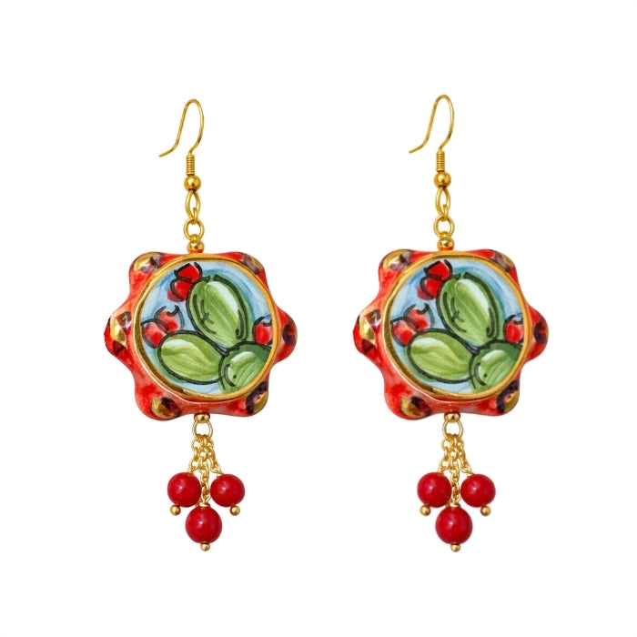 Cartoleria 4+1 - Orecchini Pendenti Tamburello e Fico d’India | Ceramica Artigianale con Sfere Rosse