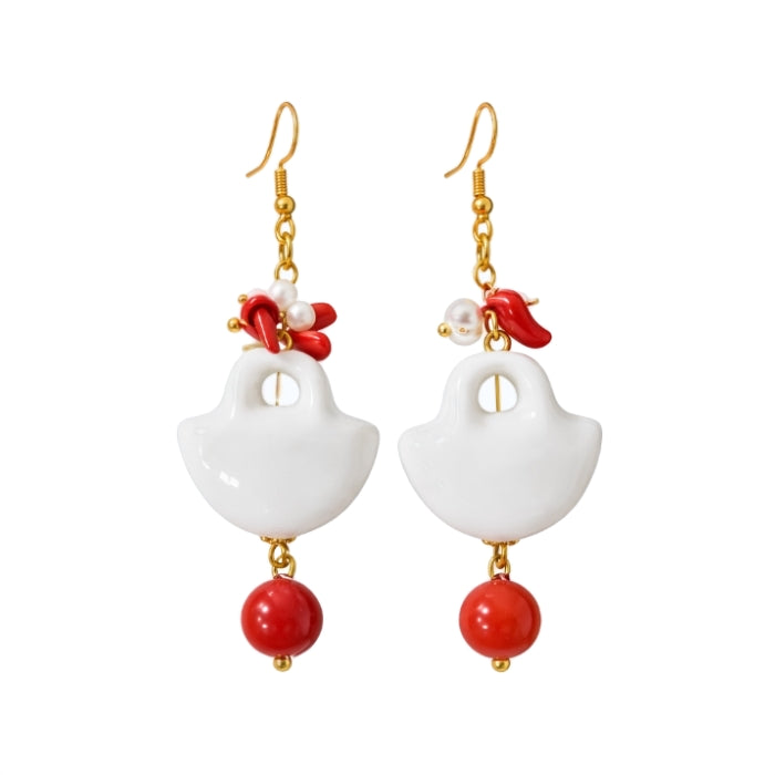 Cartoleria 4+1 - Orecchini Pendenti a Forma Coffa Siciliana con Perle e Corallo | Design Mediterraneo Artigianale