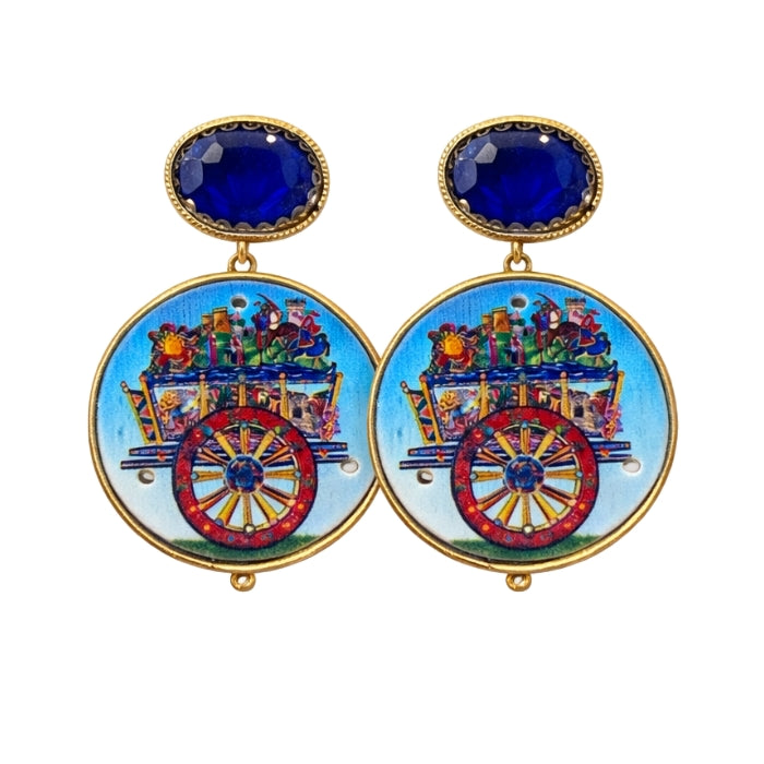 Cartoleria 4+1 - Orecchini Pendenti con Carretto Siciliano e Pietra Blu | Gioielli Mediterranei
