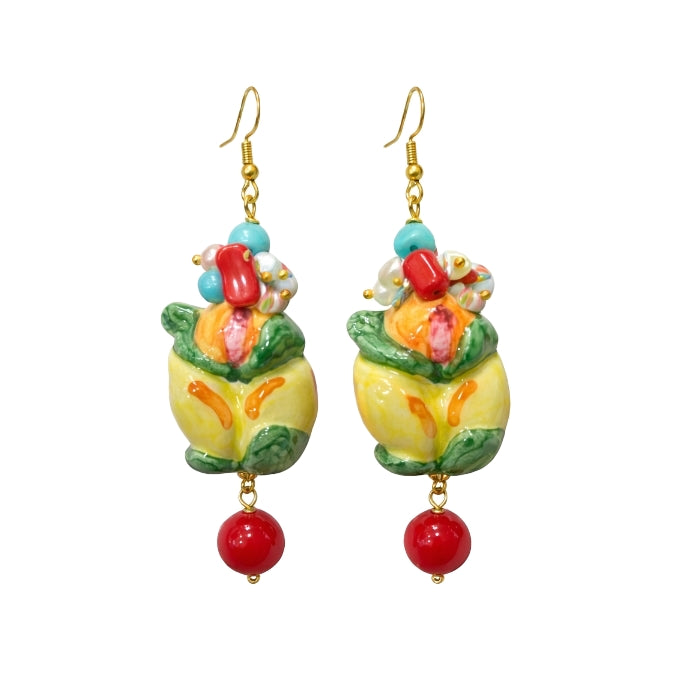 Cartoleria 4+1 - Orecchini Pendenti in Ceramica di Caltagirone Dipinti a Mano | Design Limoni Corallo e Perle