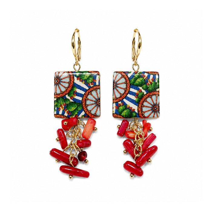 Cartoleria 4+1 - Orecchini Sicilia Barocca con Corallo Rosso Pendente | Orecchini Artigianali Maiolica Siciliana