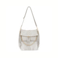 Coconuda - Borsa A Tracolla con Frange in Eco Camoscio Grigio Chiaro con Borchie e Catena Oro | Tracolla Regolabile