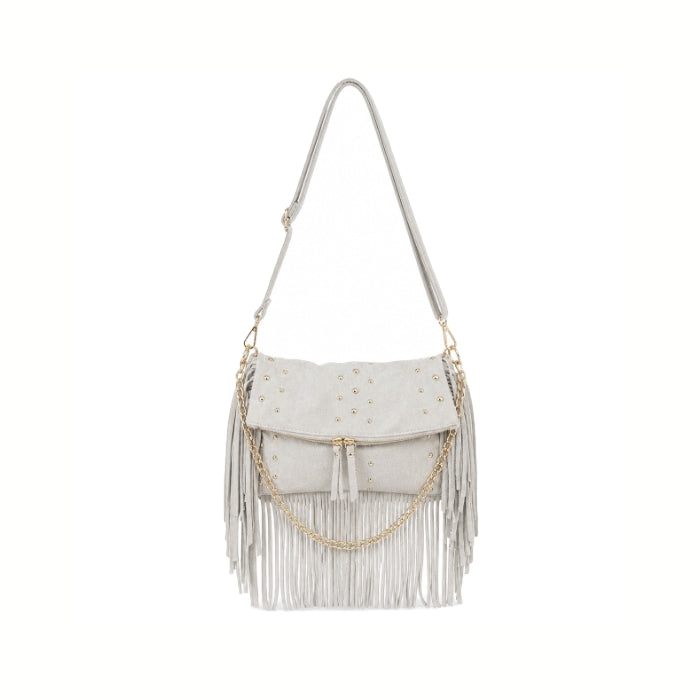Coconuda - Borsa A Tracolla con Frange in Eco Camoscio Grigio Chiaro con Borchie e Catena Oro | Tracolla Regolabile