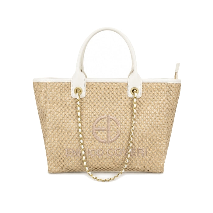 Enrico Coveri - Borsa A Mano Effetto Paglia Intrecciato con Catena Oro | Shopper Elegante