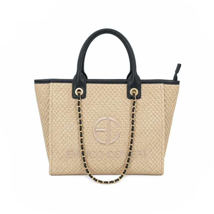 Enrico Coveri - Borsa A Mano Effetto Paglia Intrecciato con Catena Oro | Shopper Elegante
