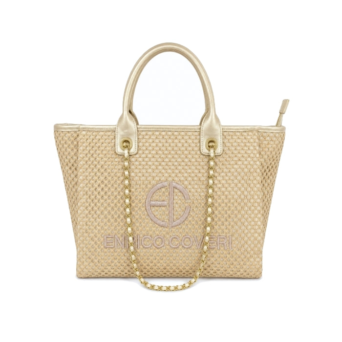 Enrico Coveri - Borsa A Mano Effetto Paglia Intrecciato con Catena Oro | Shopper Elegante