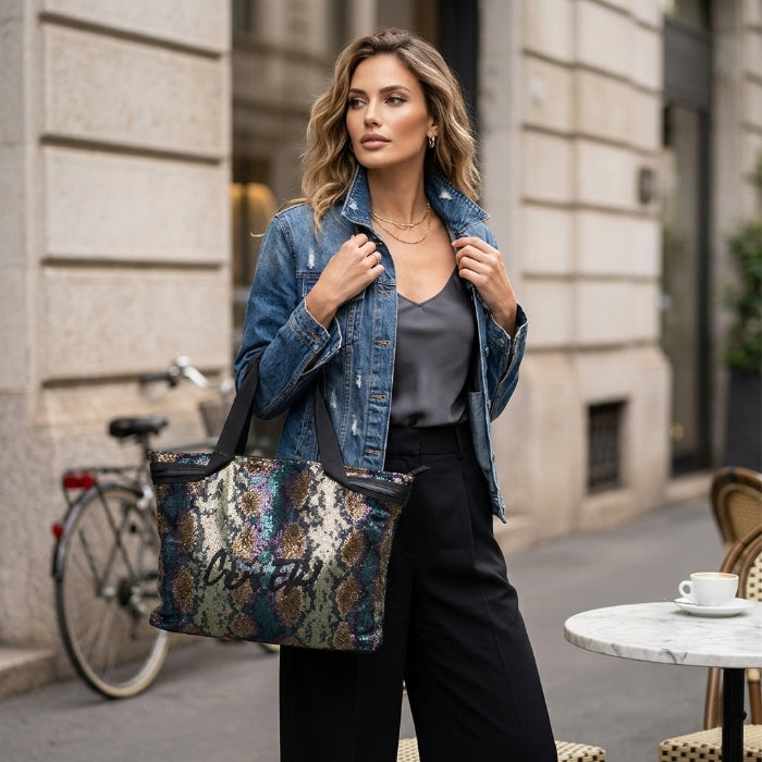 Enrico Coveri - Borsa Shopper - Scritta Coveri con Paillettes