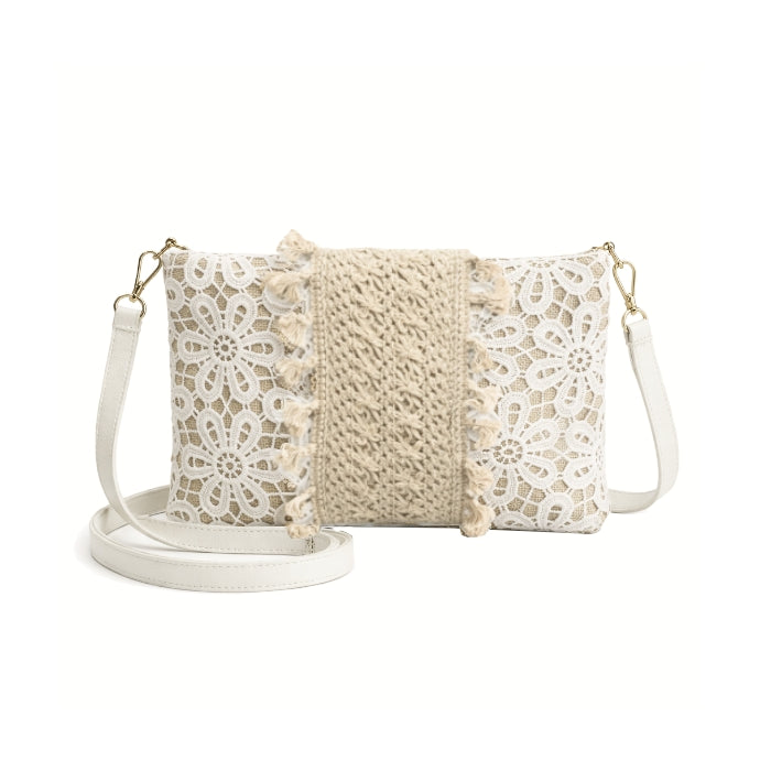 Erick Collection - Borsa da Polso - Pochette con Tracolla in Macramè e Juta | Modello Estivo Beige e Bianco - Boho Chic