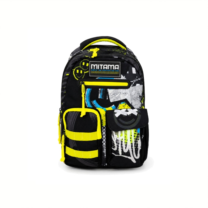 Mitama - Zaino Scolastico - Nero con Tasche Frontali e Inserti Giallo Fluo