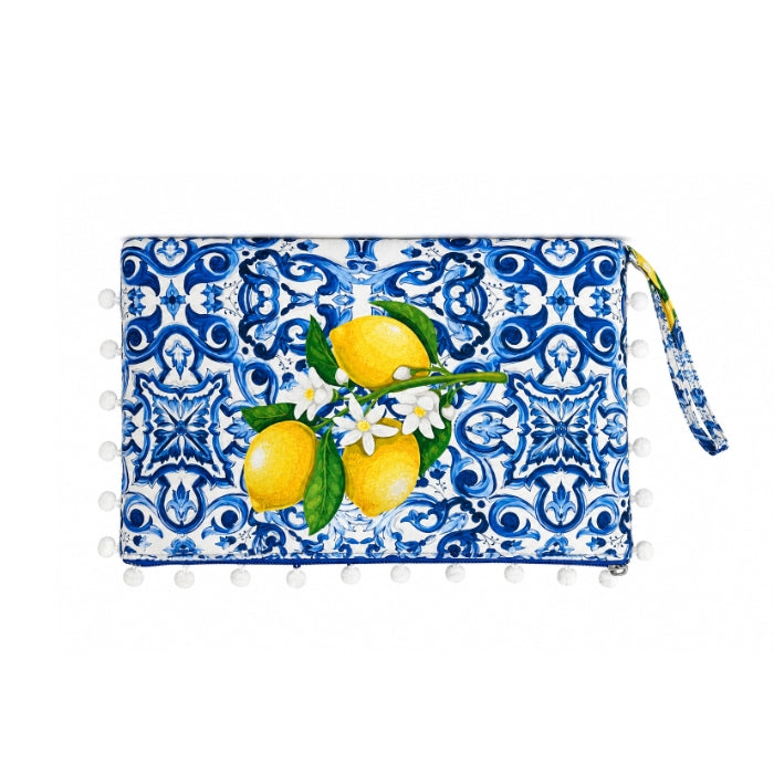Mona - Pochette Donna - Limoni e Maioliche Blu Mediterranee con Polsiera