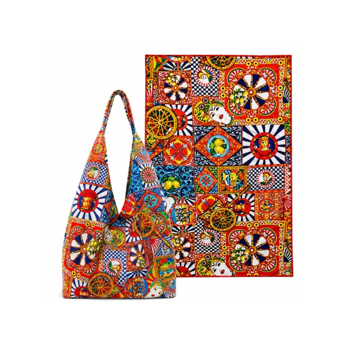 Mona - Set Mare - Sicilia Carretto Siciliano - Borsa Mare Coordinata con Telo Mare | Stile Maiolica Mediterranea
