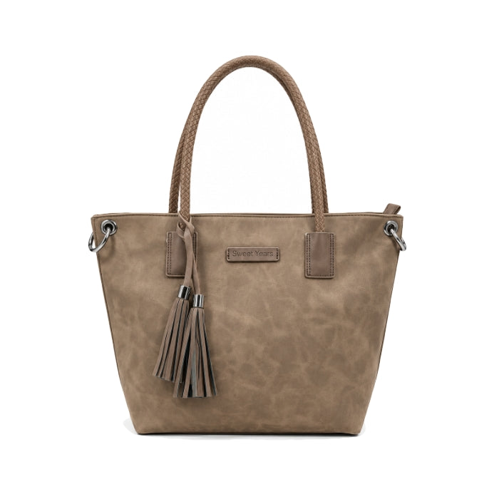 Sweet Years - Borsa Shopper in Nabuc con Manici Intrecciatti in Pelle