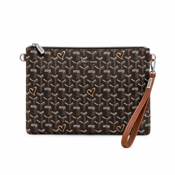 Sweet Years - Pochette Unisex con Fantasia Logo e Cuori | Borsa a Mano con Laccetto