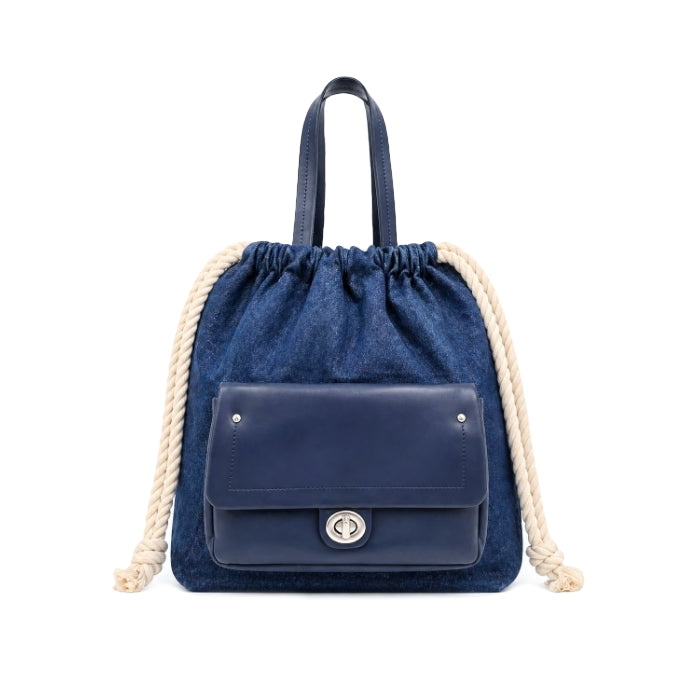 Tommasini - Zaino Donna in Denim Blu con Coulisse e Tasca Frontale | Sacca Casual con Dettagli in Similpelle