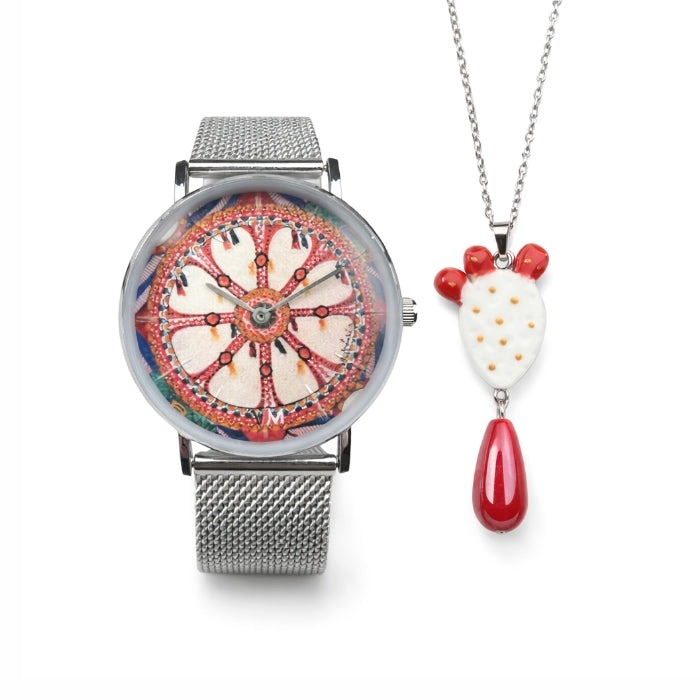 VJM - Bijoux & Watches - Bundle Regalo - Orologio da Polso con Quadrante Ruota di Carretto Siculo + Collana Fico d’India | Gioielli Stile Siciliano in Acciaio