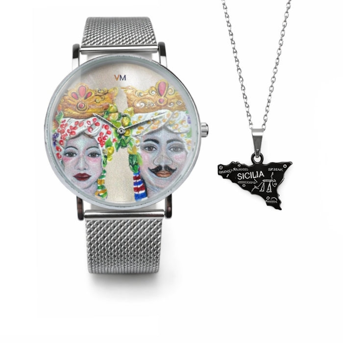 VJM - Bijoux & Watches - Bundle Regalo - Orologio da Polso con Quadrante Teste di Moro + Collana Sicilia | Gioielli Stile Siciliano in Acciaio