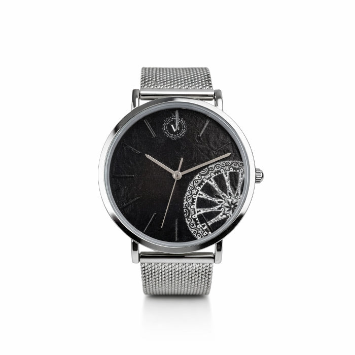 VJM - Bijoux & Watches - Orologio da Polso - Argentato - Quadrante Nero con Dettaglio Decorativo Ruota | Cinturino Maglia Milanese