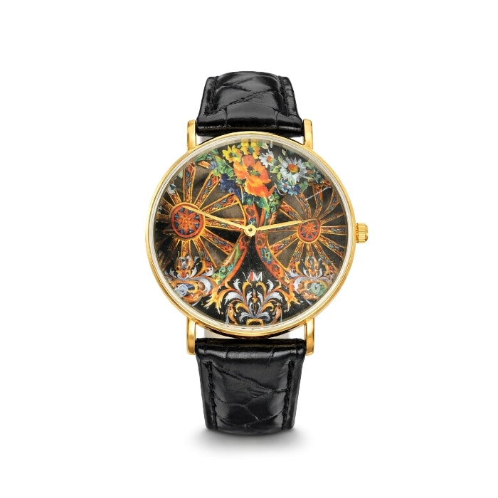 VJM - Bijoux & Watches - Orologio da Polso - Dorato - Quadrante Artistico Floreale | Cinturino in Pelle Nera