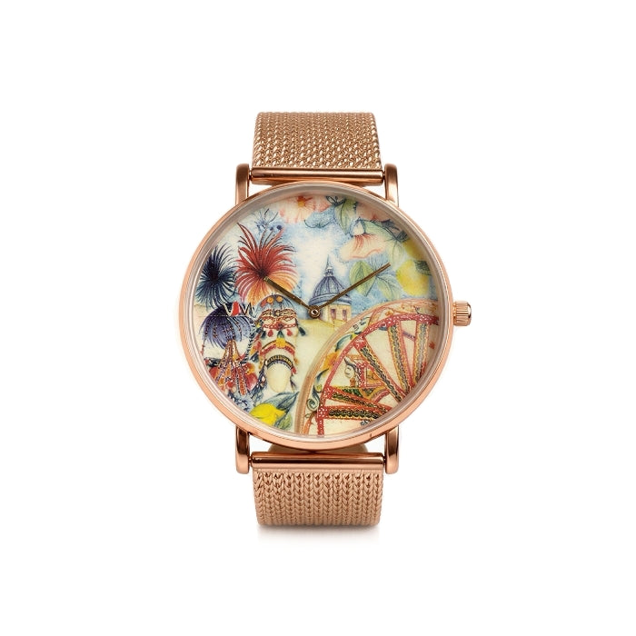 VJM - Bijoux & Watches - Orologio da Polso - Rosato - Quadrante Paesaggio Siciliano | Cinturino Maglia Milanese